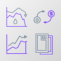 Sticker - Set line Barrel oil, Oil price increase, exchange and Drop crude icon. Vector