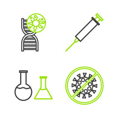 Canvas Print - Set line Stop virus, Test tube and flask, Syringe and DNA symbol icon. Vector