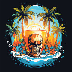 summer kull and crossbones on the beach t shirt design consept