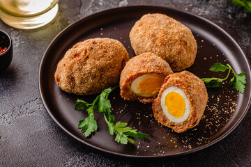 Wall Mural - Traditional Scotch Eggs on a black plate.