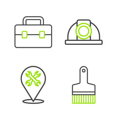 Sticker - Set line Paint brush, Location with wrench, Worker safety helmet and Toolbox icon. Vector