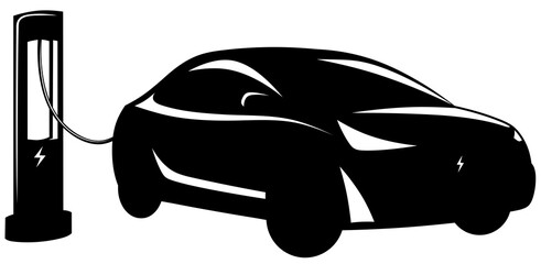 Wall Mural - Monochrome electric car is charging. Isolated black and white illustration of car charging at a specialized charging station. Electric modern car, electric gas station clipart.