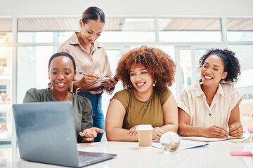 Wall Mural - Business people, computer and team planning, collaboration and happy presentation in marketing meeting. Professional women, creative agency or group on laptop, writing in notebook or project teamwork