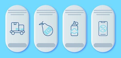 Sticker - Set line Healthy organic pear, Sauce bottle, Hand truck and boxes and Percent discount mobile icon. Vector