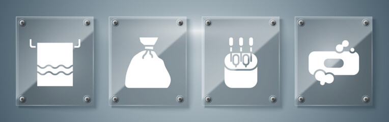 Wall Mural - Set Bar of soap, Cotton swab for ears, Garbage bag and Towel on a hanger. Square glass panels. Vector