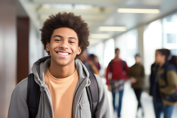 Portrait of a young happy African American teenage boy in school. Study and education concept.