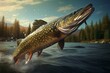 Realistic 3D rendering of a northern pike fish leaping in a river. Generative AI