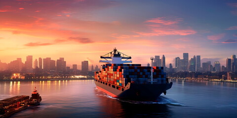 Wall Mural - container ship entering a major port at dusk, with the city skyline in the background, symbolizing the urban integration of trade hubs.