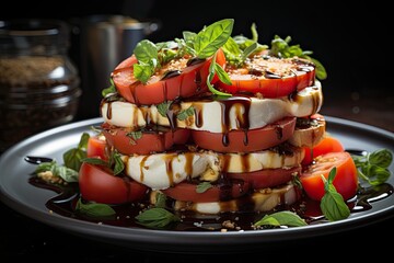 Wall Mural - Delicious caprese salad with ripe tomatoes mozzarella cheese and fresh basil leaves.