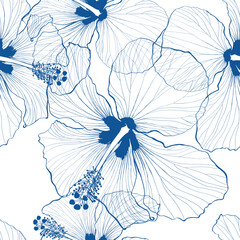 Wall Mural - Decorative seamless pattern with ink hand-drawn Tropical hibiscus flowers. Vector illustration. White background.