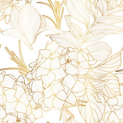 Wall Mural - Foliage seamless pattern, strelitzia plant, Solomon's seal (Polygonatum multiflorum) branch leaves line art ink drawing in golden line.