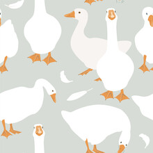 Cute White Geese Seamless Pattern. Vector Goose Illustration Background.