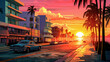 Leinwandbild Motiv South beach Miami illustration landscape and sunrise or sunset. Colorful comic book style illustration. Digital illustration generative AI.