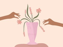 Hands Picking Flowers In Vase 
