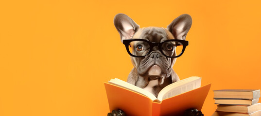 Wall Mural - Dog with glasses reads a book on an orange background with space for text. Banner, copyspace