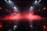 Fototapeta Perspektywa 3d - The dark stage shows, red background, an empty dark scene, neon light, spotlights The asphalt floor and studio room with smoke float up the interior texture for display products