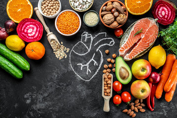 Wall Mural - healthy food for heart. Concept healthy and balanced eating. place for text, top view