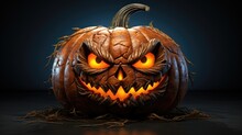 Evil Looking Halloween Pumpkin Glowing From Inside -  Jack-o-lantern
