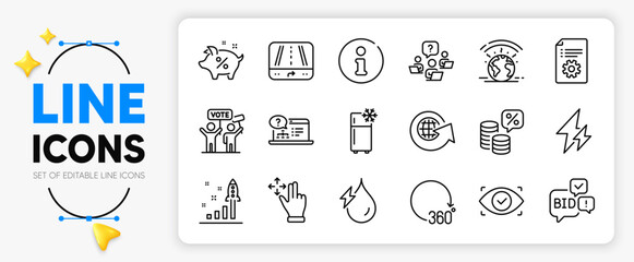 Bid offer, Money tax and Teamwork question line icons set for app include Info, Technical documentation, Move gesture outline thin icon. Electricity, World globe, Loan percent pictogram icon. Vector