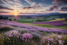 Beautiful Panorama Rural Landscape With Sunrise And Blossoming Meadow. Purple Flowers Flowering On Spring Field, Phacelia, Lavender Field At Sunset, Lavender Field At Sunrise, Lavender Field In Region