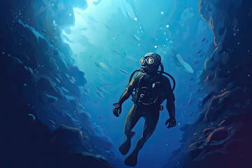 Wall Mural - A scuba diver swims underwater in a cave.