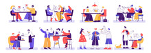 Restaurant And Cafe Visitors. People Eat And Drink At Restaurant Tables Together, Enjoying Meeting And Celebration. Geometric Vector Illustration Set
