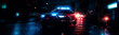 Polizeiauto im Einsatz mit Blinklichter Nachts in der Stadt als Querformat für Banner, ai generativ