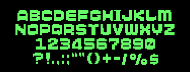 Retro-futuristic green pixel game font: English letters and numbers in 8-bit arcade style, vector illustration