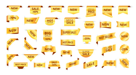 Golden tags. New label ribbons, gold sale sticker and discount badges. Promotion offer banners vector bundle