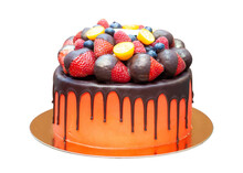 Festive Red Cake With Fresh Strawberries Dipped Into Melted Chocolate, Blueberry And Raspberry Isolated, Png