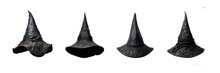 Set Of Four Halloween Black Pointed Witch Or Wizard Hats Isolated On Transparent Background, Png File