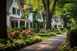 Picturesque Greenwich, CT sidewalk with charming homes. Generative AI