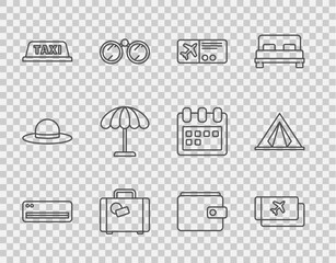 Poster - Set line Air conditioner, Airline ticket, Suitcase, Taxi car roof, Sun protective umbrella for beach, Wallet and Tourist tent icon. Vector