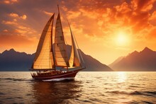 Stylish Boat Sails Ocean At Sunrise Near Mountain With Fashionable Yacht. Generative AI