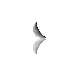 Wall Mural - waning crescent moon with reflection on white background 7-11-2023