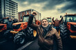 angry farmers demonstrate with tractors in the city