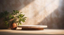 Wooden Podium In Sunlight Plants Creamy Background