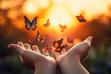 Generative AI Picture Hope Freedom Concept Human Hands Releasing Group Of Butterflies Over Sunset