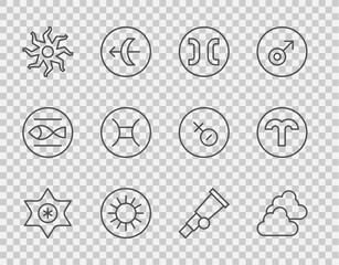 Wall Mural - Set line Falling star, Cloudy weather, Pisces zodiac, Sun, Gemini, Telescope and Aries icon. Vector