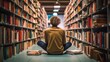 © khwanchai - Smart creative man student holding book sitting on floor among bookshelves in modern university campus library, Generative AI