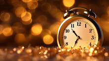 Beautiful Round Clock With Hands On A Golden Shiny New Year's Background