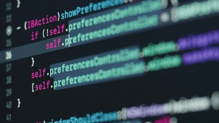 Coding UX UI script text on screen, HTML5 in editor for website development, Close up Macro of Programming code software developer. 