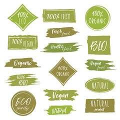 Fresh healthy organic vegan food logo labels and tags. Vector hand drawn illustration. Eco green logo. Natural, eco friendly, not gmo, organic gluten free stickers.