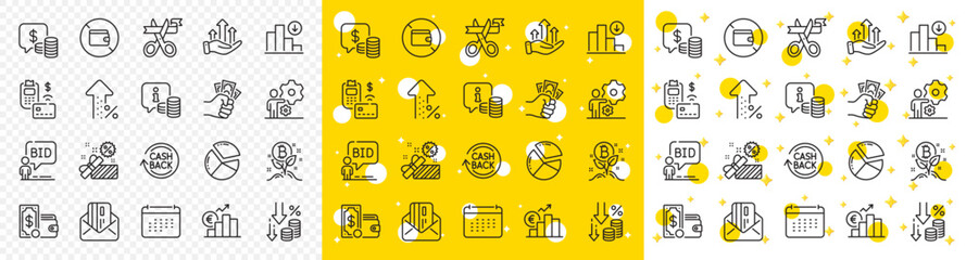 Outline Euro rate, Growth chart and Wallet line icons pack for web with Info, Increasing percent, Bitcoin project line icon. Cut ribbon, Job, Pie chart pictogram icon. Coins, Auction. Vector