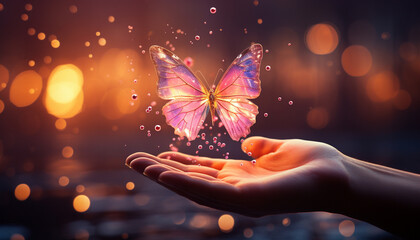 Illustrate a woman releasing a pink butterfly into the sky, symbolizing transformation, resilience, and the journey toward healing.