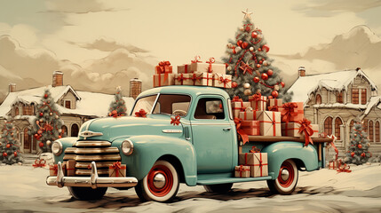 Generative AI, vintage Christmas car with many gifts, blue and red colors. Greeting xmas card, winter holidays