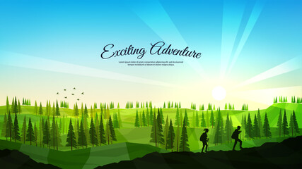 Vector illustration. Travelers walk. Travel concept of discovering, exploring and observing nature. Hiking. Adventure tourism. Couple walking with backpack and travel sticks. Website template. Nature