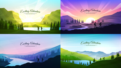 Wall Mural - Vector illustration set. Travelers walk. Travel concept of discovering, exploring and observing nature. Hiking. Adventure tourism. Couple walking with backpack and travel sticks. Website banner