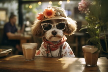 Funny Dog In Sunglasses And Hat Sitting In Cafe With Cup Of Coffee. Pets Friendly Concept