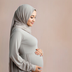 Wall Mural - A pregnant woman in a hijab on a plain background in the studio. A beautiful woman with a scarf on her head is waiting for the birth of a child.